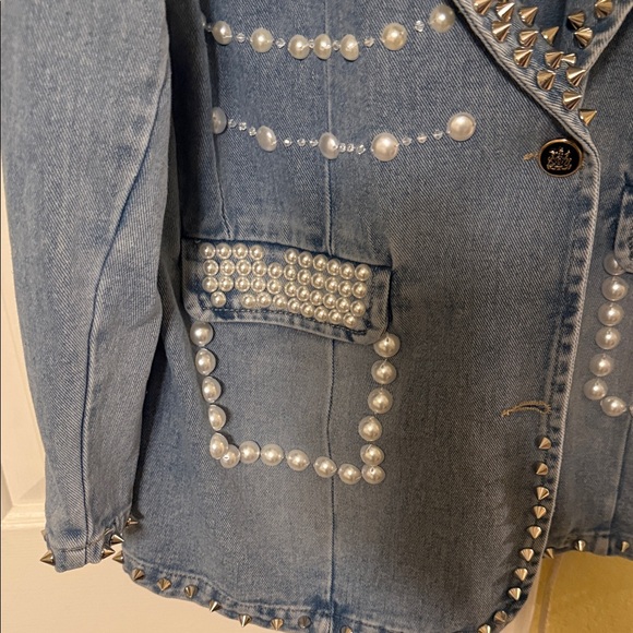 Studded Denim Jacket with Pearl Accents - Picture 3 of 4
